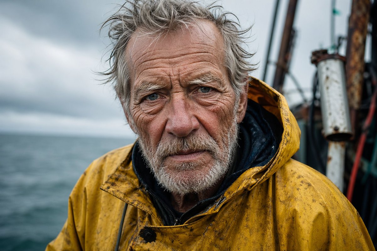 Detailed Elderly Fisherman Portrait Qwen Image prompt example: A highly detailed prompt for generating a realistic portrait of an elderly fisherman, focusing on intricate skin...
