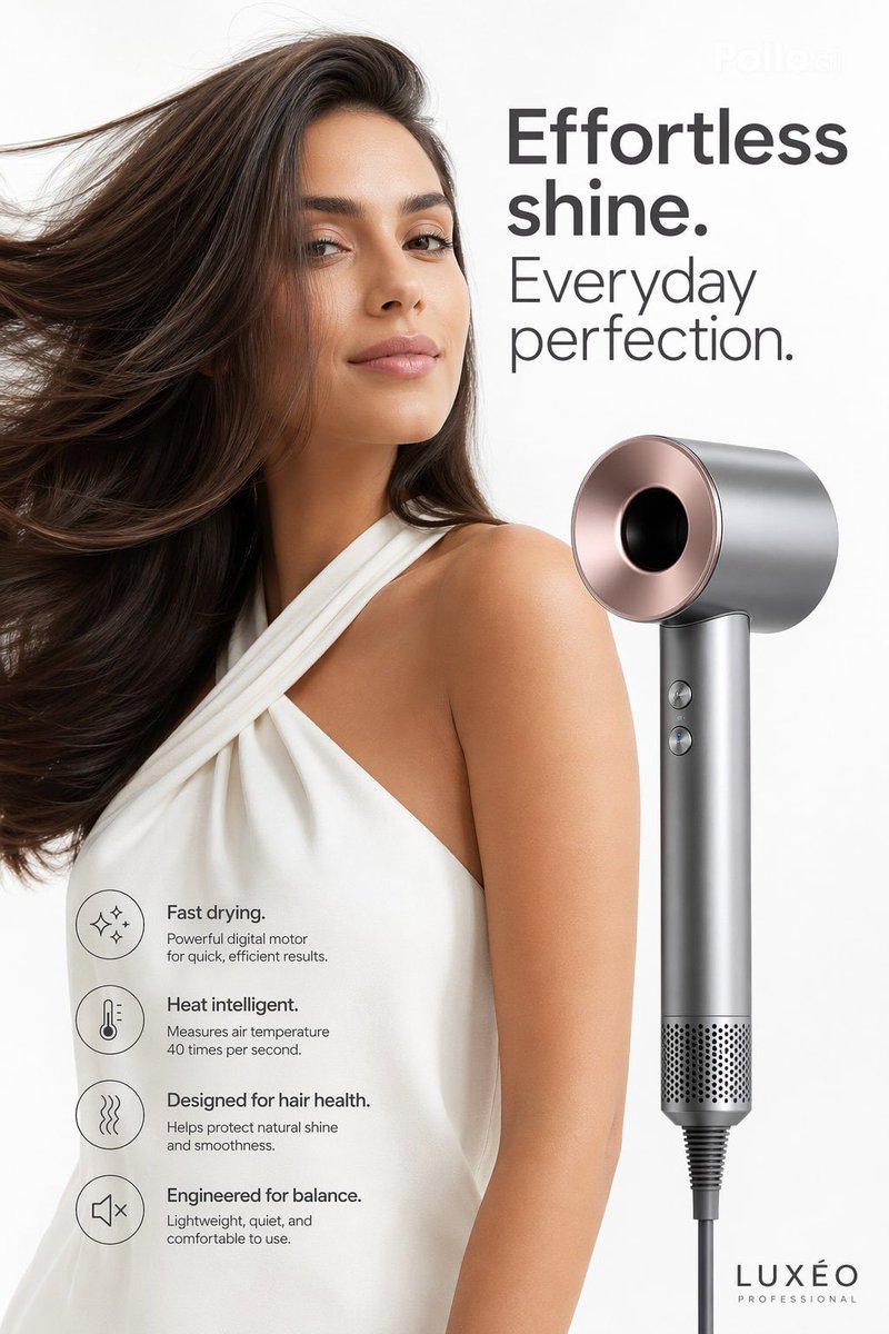 Luxury Hair Dryer Beauty Ad Qwen Image 프롬프트 예시: A polished vertical beauty-tech advertisement featuring a glossy-haired model, a premium hair dryer, and clean marketing text for...
