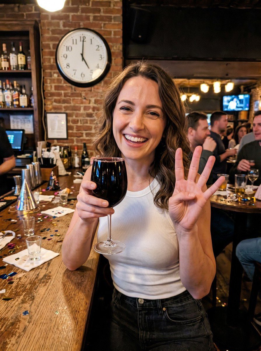 Candid Bar Photo with Four Fingers GPT Image 2 prompt example variation 2: A photorealistic smartphone-style bar snapshot of a woman holding a nearly full red wine glass and...