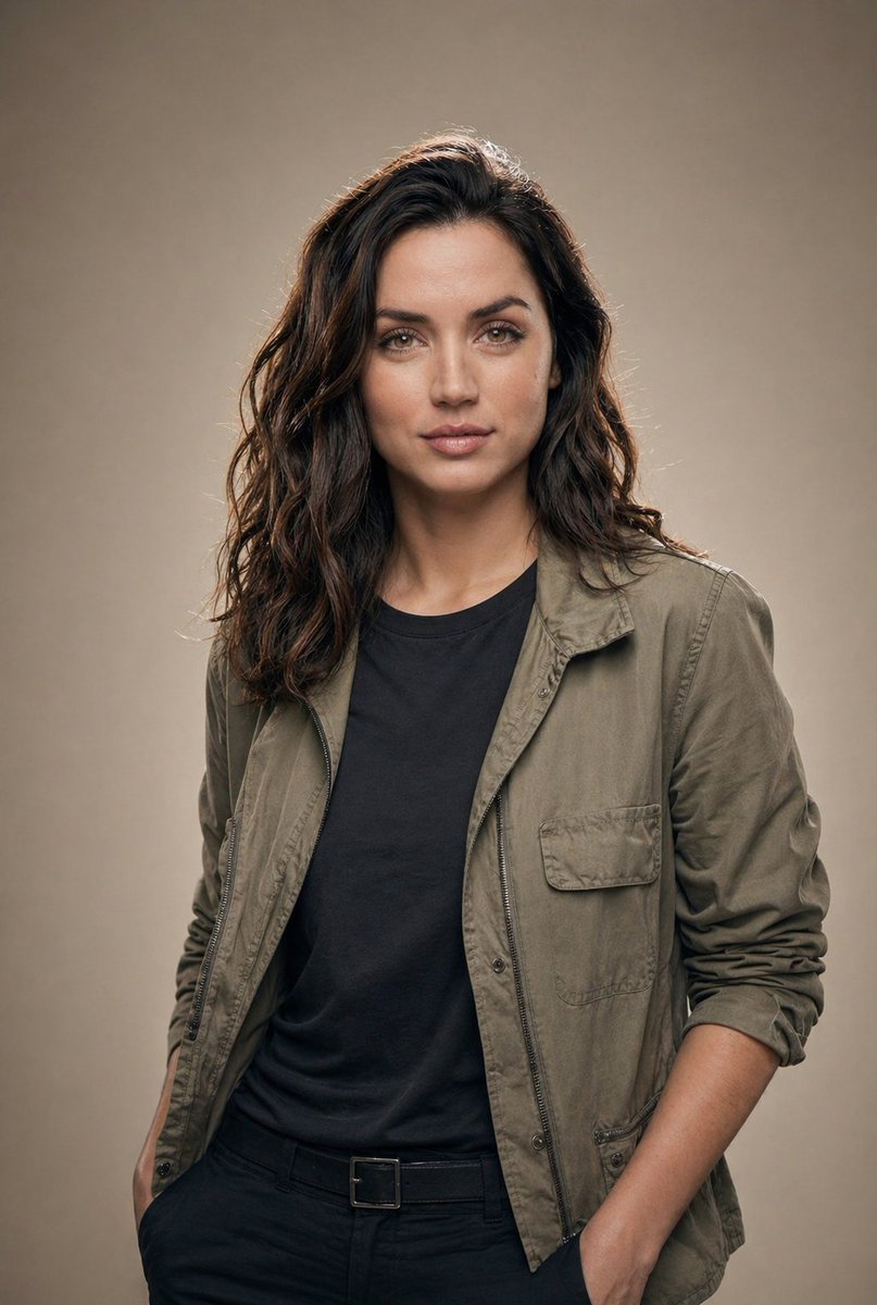 Editorial Studio Portrait in Olive Jacket Qwen Image 프롬프트 예시: This prompt generates a realistic half-body studio fashion portrait with muted casual styling, useful for editorial...