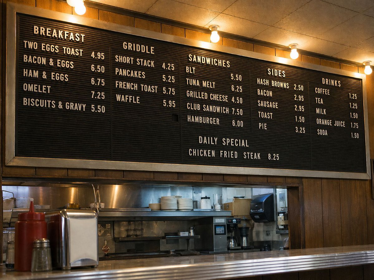 Vintage Diner Menu Board Scene Qwen Image prompt example: This prompt transforms a reference photo into a photorealistic retro diner interior centered on a large menu board,...
