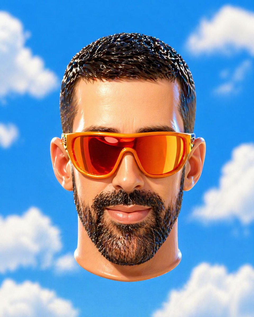 Surreal Floating Head Sky Portrait 的 GPT Image 2 提示词示例图：This prompt turns a reference photo into a centered hyperreal floating-head image against a cartoon-like blue sky, useful...