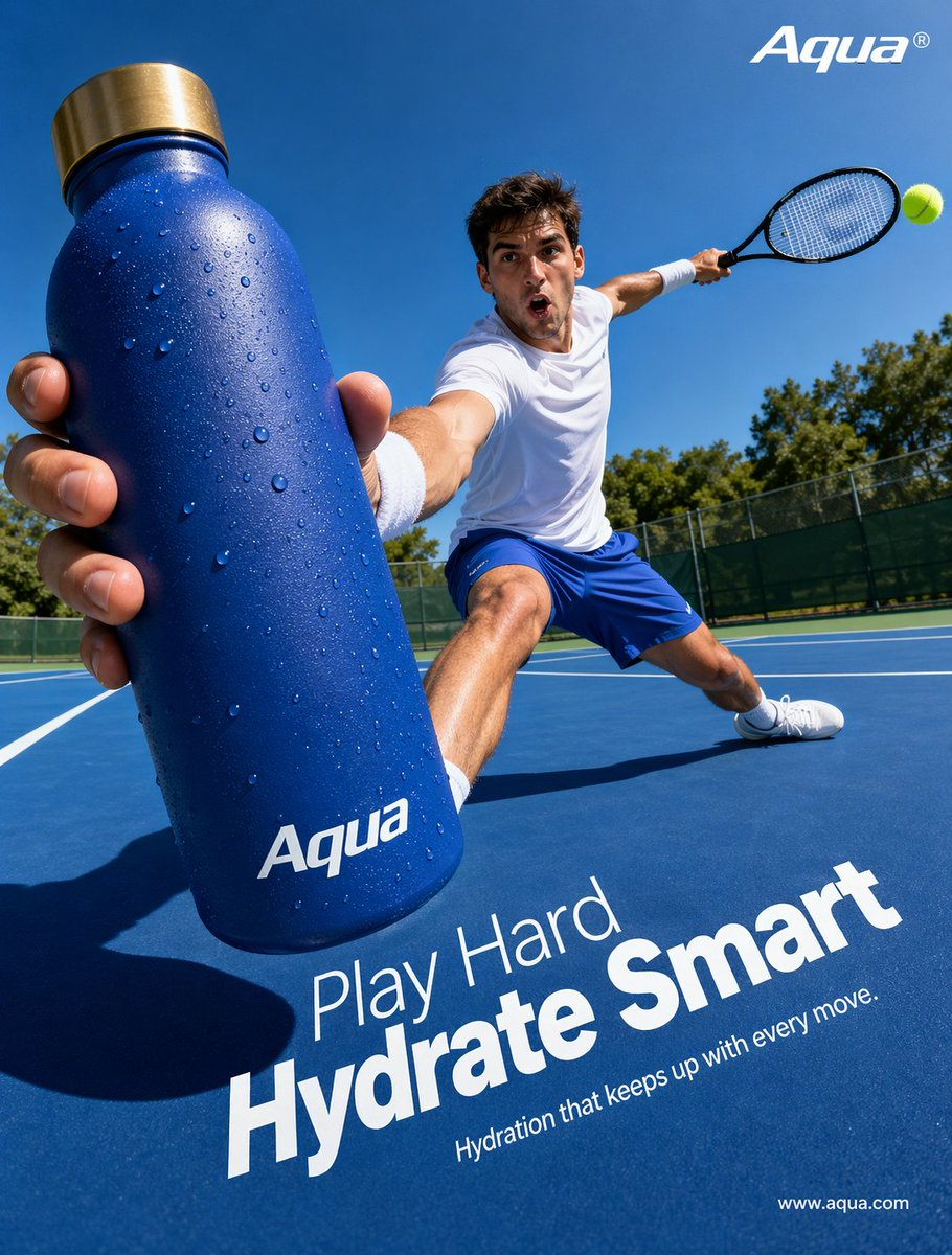 Tennis Hydration Ad Poster のQwen Imageプロンプト例: This prompt generates a bold, photorealistic outdoor tennis advertisement featuring a branded water bottle in dramatic forced...