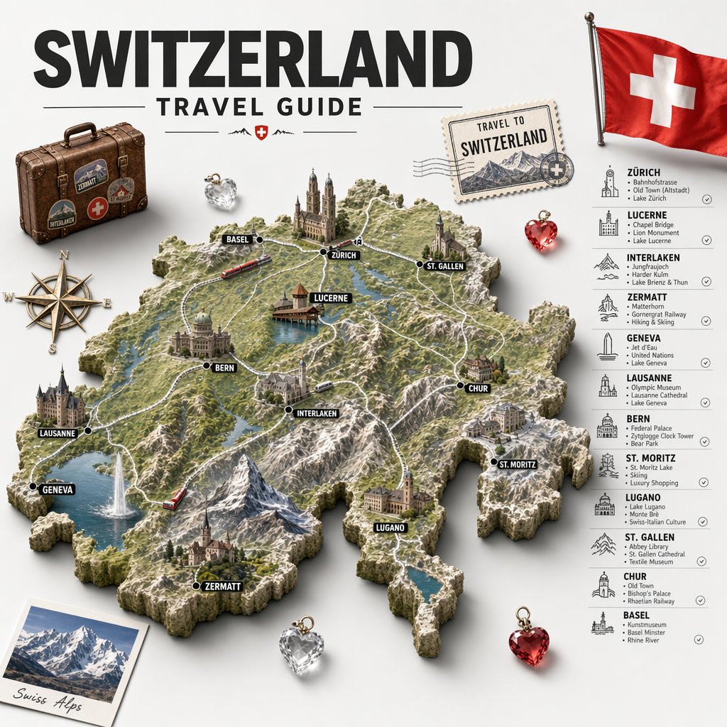 Swiss Travel Guide Relief Map Poster GPT Image 2 prompt example: A polished tourism infographic poster showing a 3D relief map of Switzerland with 12 labeled destinations,...