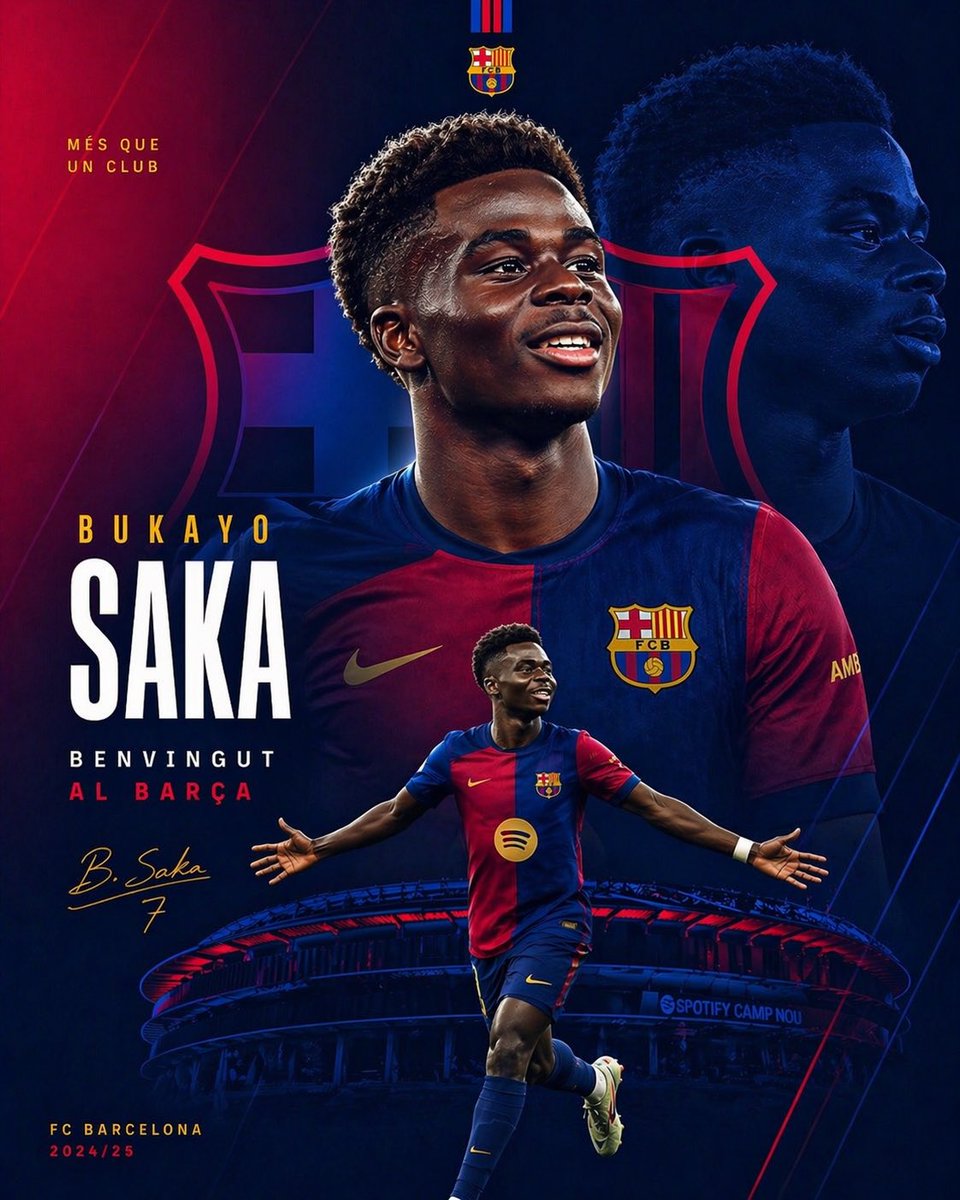 Barcelona Transfer Poster for Saka のQwen Imageプロンプト例: A cinematic football transfer announcement poster showing Bukayo Saka in FC Barcelona colors, ideal for social media reveal...