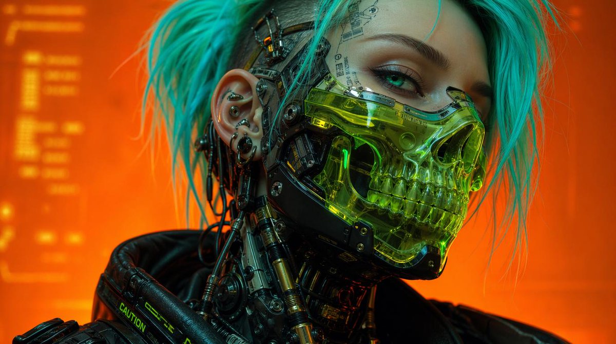 Cyberpunk Cyborg Skull Mask Portrait Qwen Image 프롬프트 예시: This prompt generates a photoreal close-up cyberpunk character portrait suitable for sci-fi concept art, posters, and...