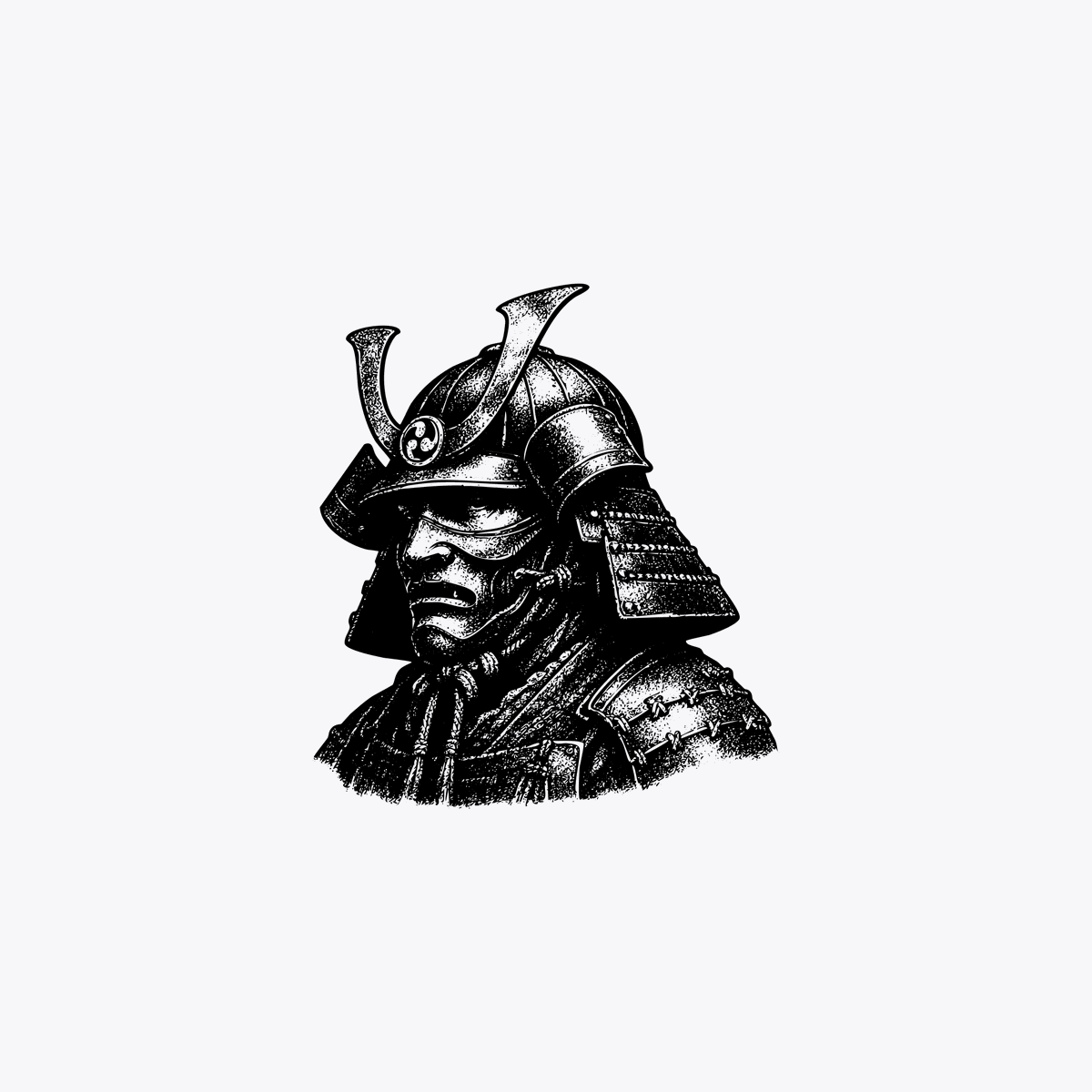 Censored Samurai Engraving Qwen Image 프롬프트 예시: A stark black-and-white vintage-style samurai armor portrait with a censored face, suitable for editorial art, poster design, or...