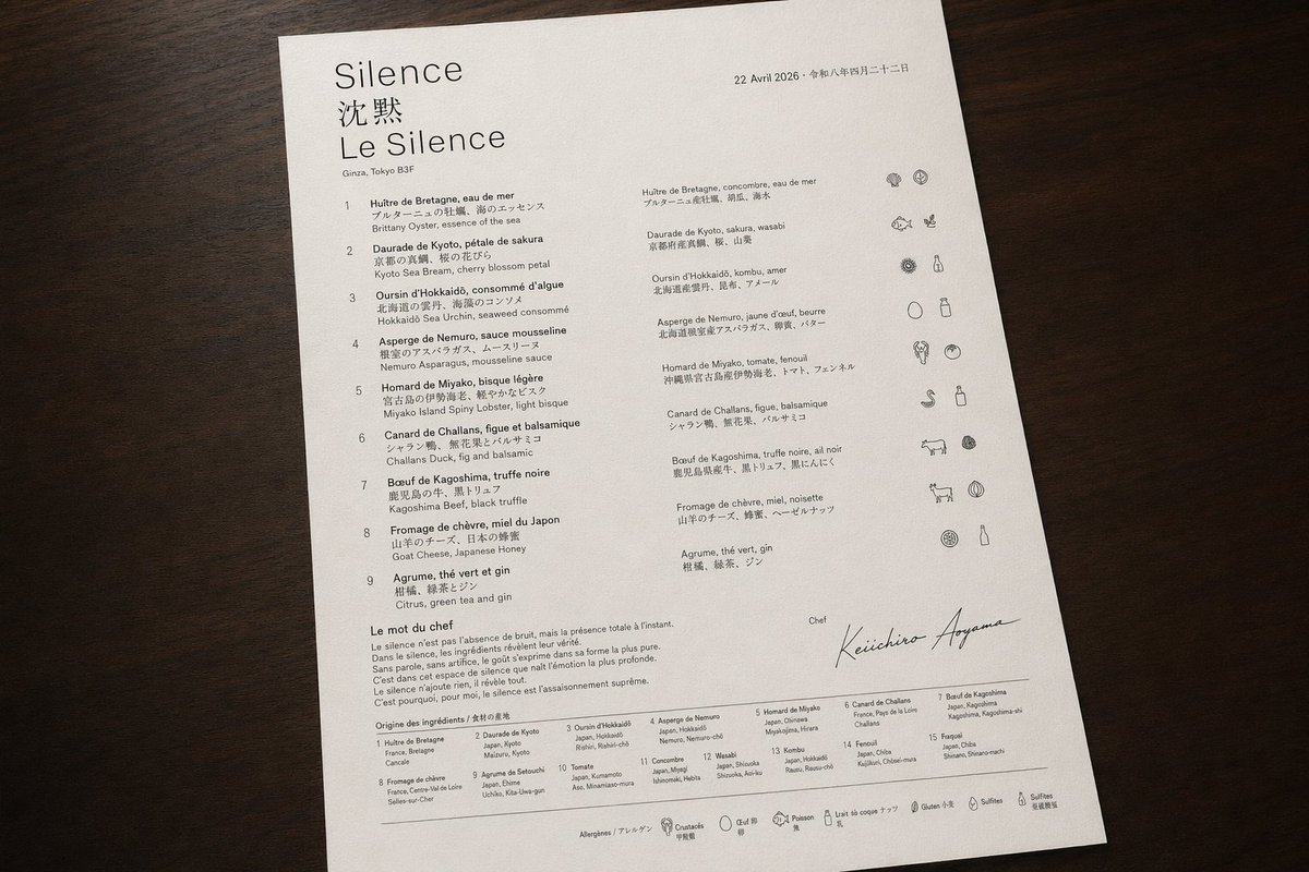 Luxury Bilingual Tasting Menu Photo GPT Image 2 prompt example: A realistic overhead photograph of an elegant French-Japanese fine-dining menu sheet, ideal for showcasing...