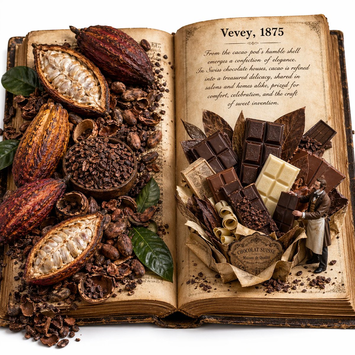 Edible History Pop-Up Chocolate Book のQwen Imageプロンプト例: A photoreal macro editorial image of an antique open book transformed into a whimsical cocoa-and-Swiss-chocolate pop-up...