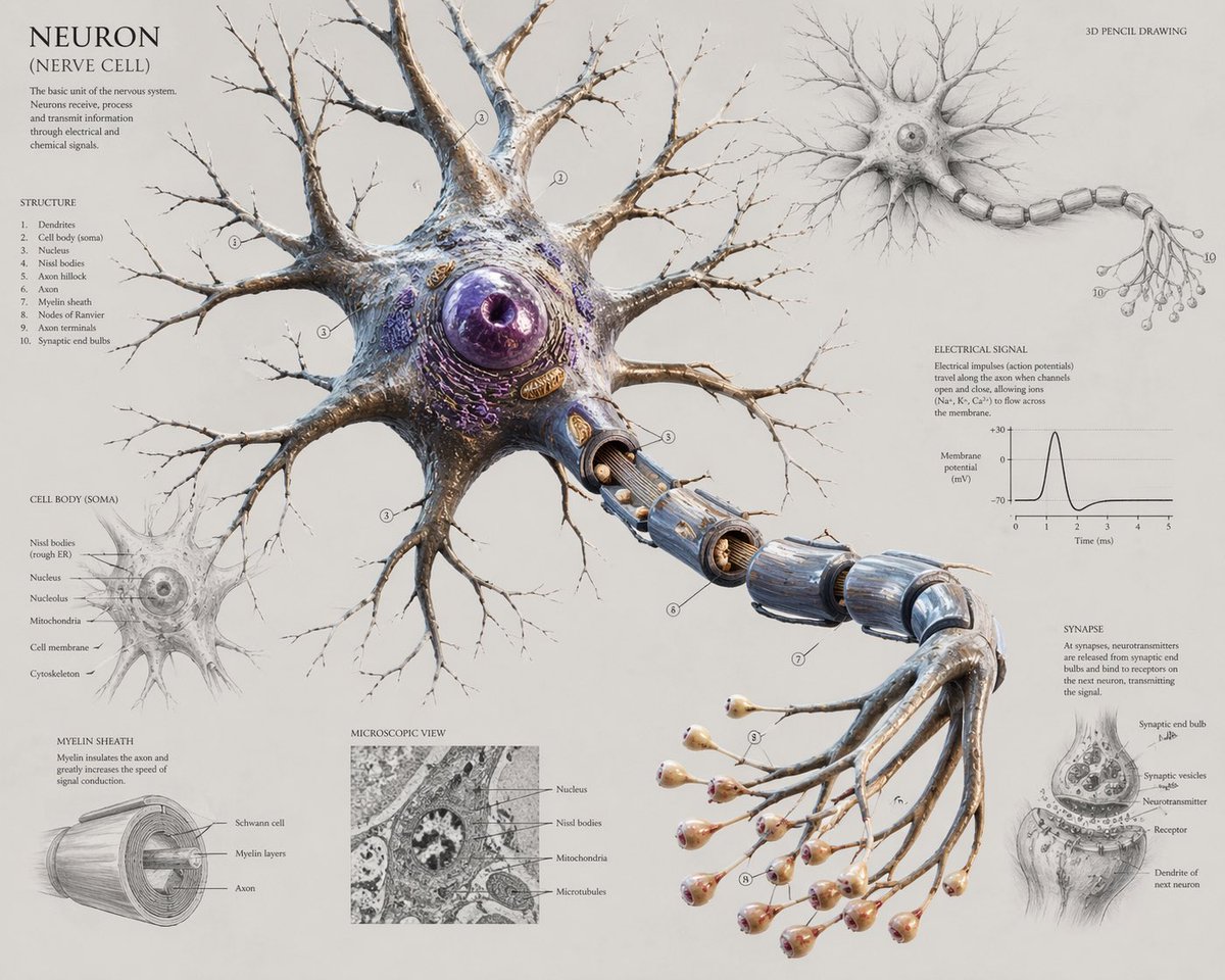 Scientific Neuron Anatomy Poster のQwen Imageプロンプト例: This prompt generates a detailed educational neuron infographic poster with a central 3D biological rendering and multiple...