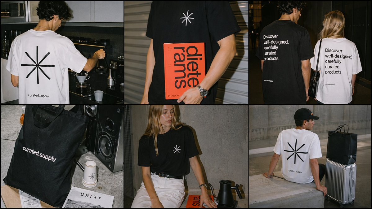 Minimal Streetwear Merch Campaign Grid GPT Image 2 prompt example: A six-panel editorial collage showcasing minimalist branded t-shirts and a tote bag for a contemporary merch or...