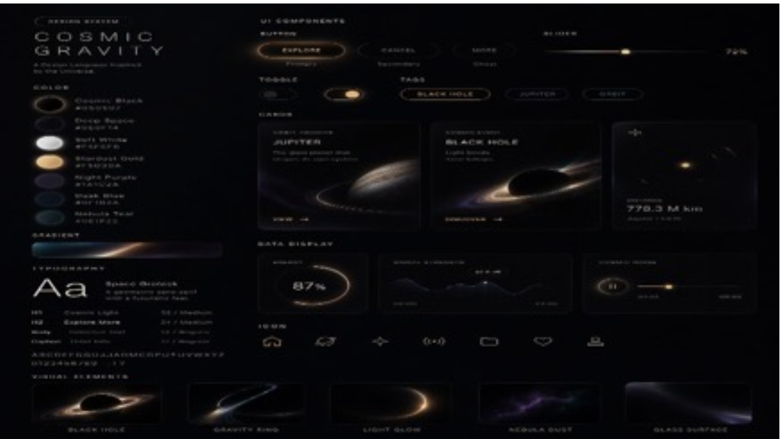 Cosmic Gravity Glass UI System Qwen Image 프롬프트 예시: A premium glassmorphism design-system board for a space-themed app or dashboard, useful for showcasing futuristic UI...