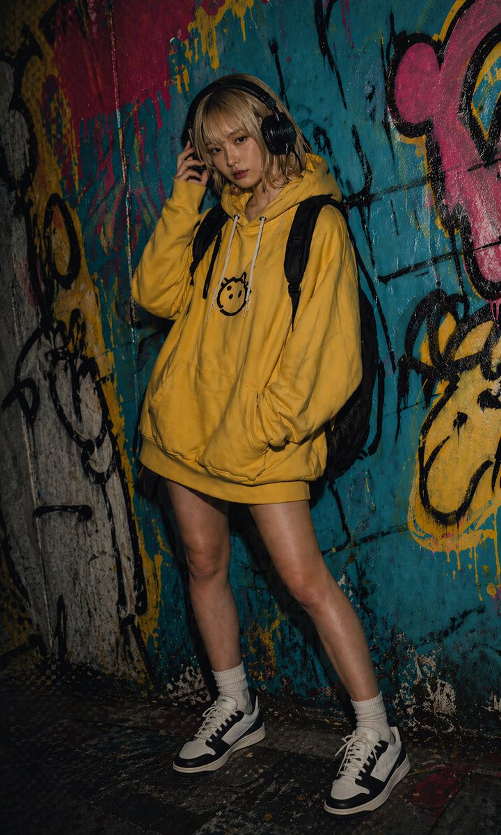 Urban Graffiti Hoodie Fashion Portrait のQwen Imageプロンプト例: This prompt generates a realistic full-body streetwear portrait of a young woman in an oversized hoodie posing against a...