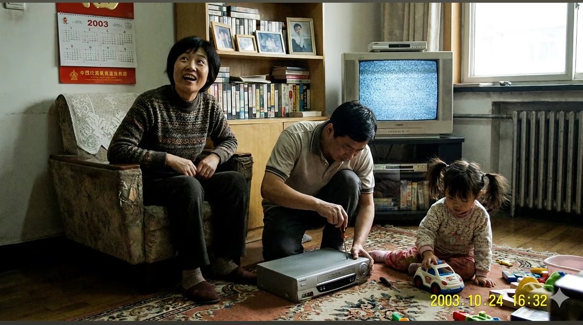 Early 2000s Family Living Room Photo 的 GPT Image 2 提示词示例图 变化图 2:A realistic nostalgic snapshot of a family in a cluttered early-2000s living room, useful for generating...
