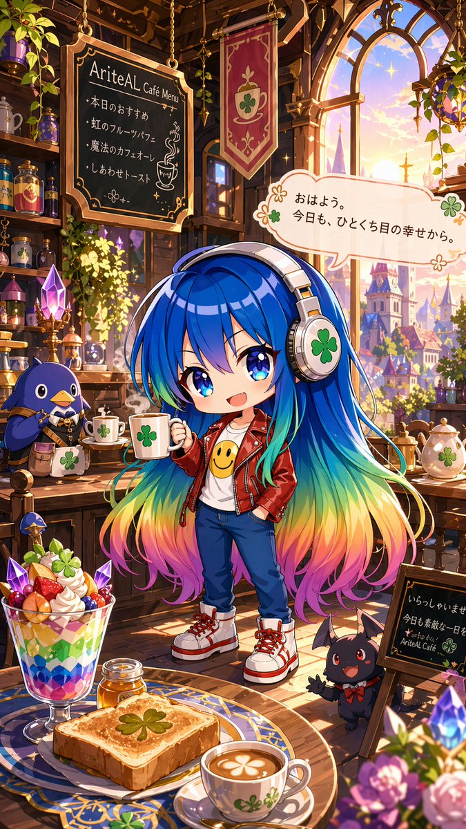 Magical Chibi Cafe Mascot at Sunrise 的 GPT Image 2 提示词示例图:A bright fantasy anime cafe scene centered on a chibi mascot character, ideal for promotional art, greeting posts, or...