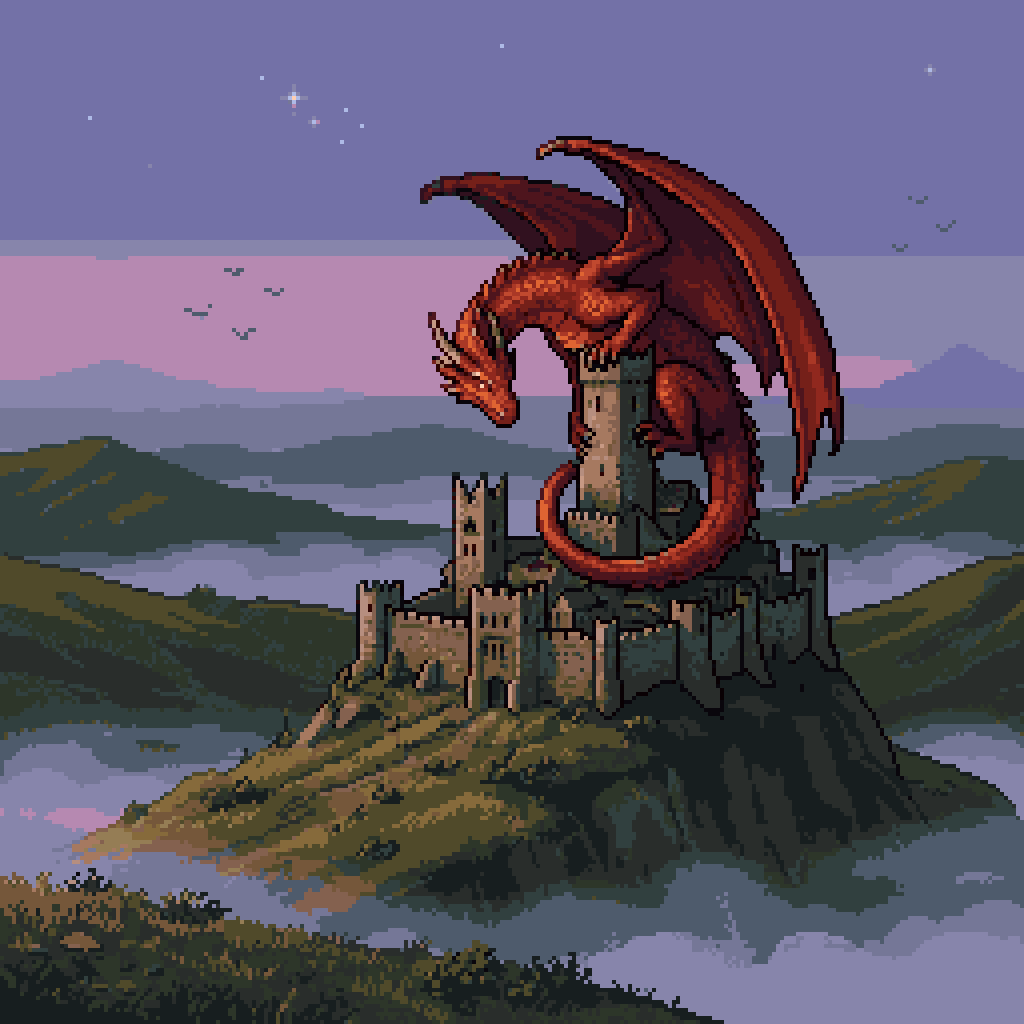 Pixel Art Dragon on Castle Qwen Image 프롬프트 예시: This prompt generates a retro-style fantasy pixel art scene of a red dragon perched on a castle at dusk, ideal for game art...