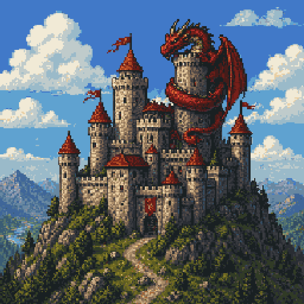 Pixel Art Dragon Castle Qwen Image 프롬프트 예시: This prompt generates a retro-style fantasy pixel art image of a dragon wrapped around a mountain castle, ideal for game art, posters,...