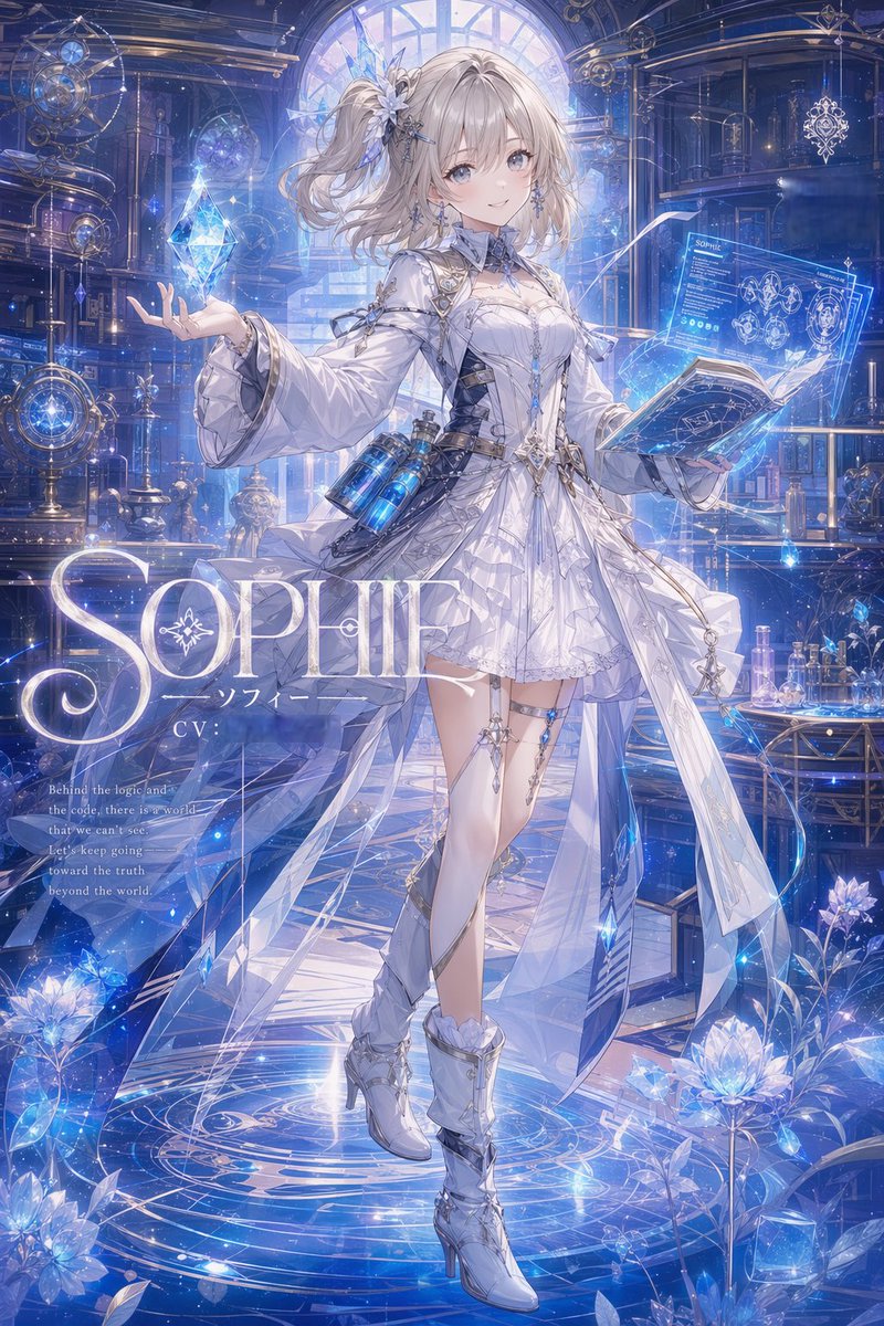 Overdecorated Sophie Magic Poster のQwen Imageプロンプト例: A lavish anime-style character poster of a white-and-blue alchemist heroine in a glowing arcane library, suited for fantasy...