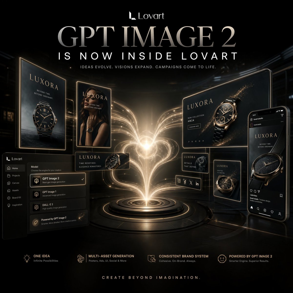 Luxury AI Campaign Launch Poster のQwen Imageプロンプト例: A cinematic square promo poster showing an AI design platform generating a complete luxury watch brand campaign across...