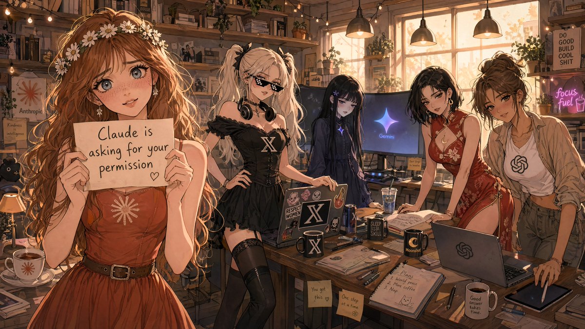 Anime AI Studio Girls at Sunset のQwen Imageプロンプト例: This prompt generates a detailed anime-style group scene of five stylish women in a warm startup studio surrounded by AI-themed...