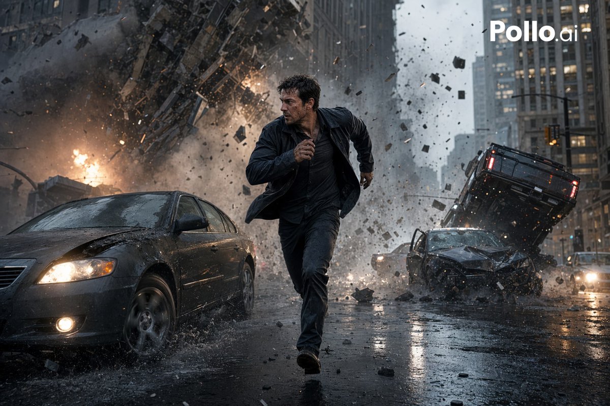 Cinematic City Explosion Chase Qwen Image prompt example: A photorealistic blockbuster-style image of a man running from a huge urban explosion, ideal for action movie posters,...