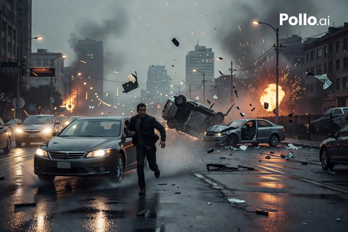 Cinematic City Crash Explosion 的 GPT Image 2 提示词示例图：This prompt generates a realistic disaster-movie street scene with a fleeing man, flipping cars, and multiple explosions,...