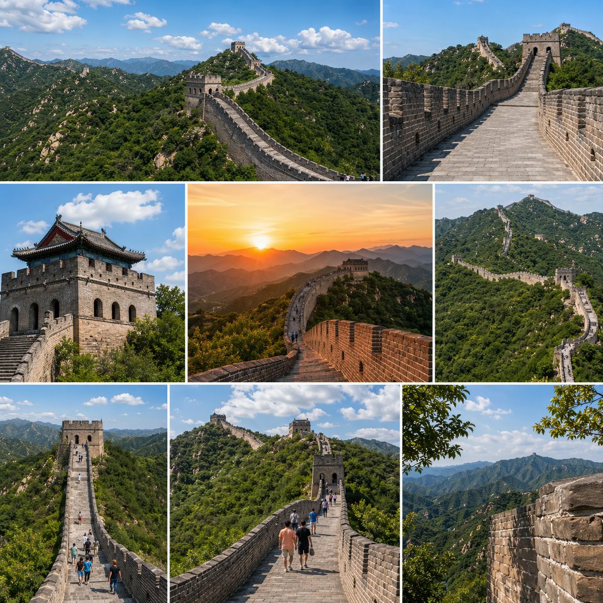 Great Wall Travel Collage GPT Image 2 prompt example: A square multi-photo collage showcasing the Great Wall of China from scenic, architectural, and sunset viewpoints, ideal for...