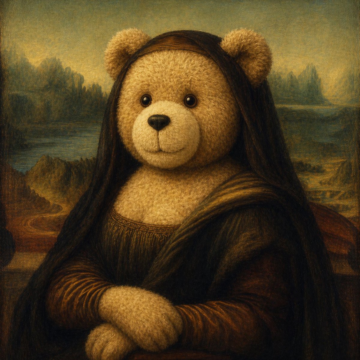Teddy Bear Mona Lisa Hybrid GPT Image 2 prompt example: A whimsical surreal fine-art parody that turns the Mona Lisa into a teddy-bear hybrid portrait, useful for meme-like art,...