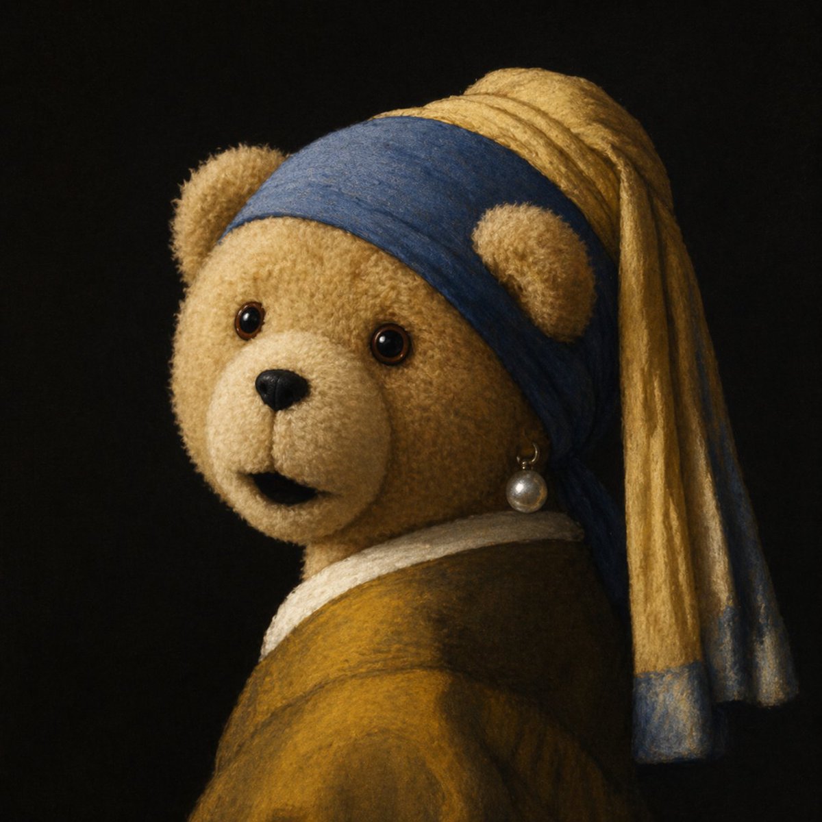 Teddy Bear with a Pearl Earring Qwen Image 프롬프트 예시: This prompt generates a whimsical fine-art parody of a Vermeer-style portrait featuring a teddy bear, ideal for playful...