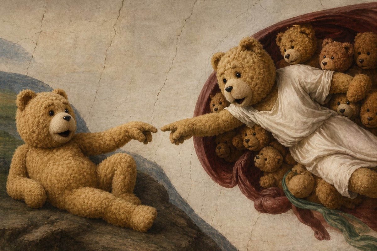 Teddy Bear Creation Fresco Qwen Image 프롬프트 예시: A humorous Renaissance-style parody image of The Creation of Adam in which teddy bears replace every figure, ideal for whimsical...
