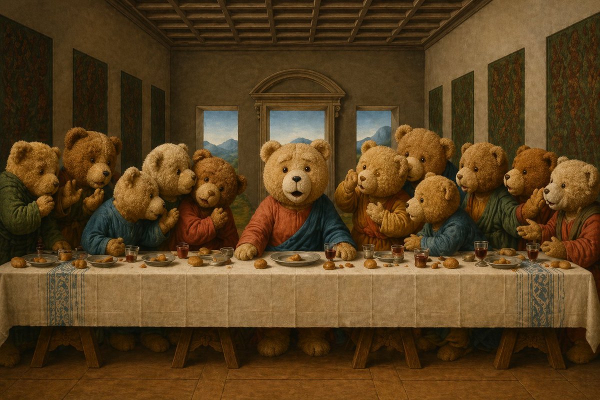 Teddy Bear Last Supper のQwen Imageプロンプト例: A detailed old-master parody image of The Last Supper rendered with 13 teddy bears, ideal for whimsical fine-art homage and surreal...