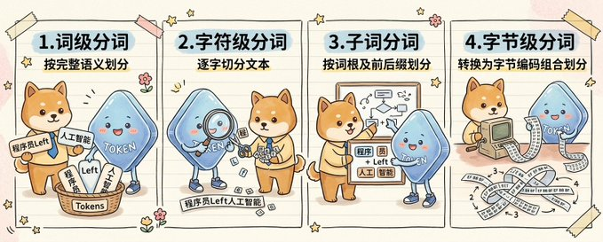 Cute Four-Panel Tokenization Infographic のQwen Imageプロンプト例: This prompt generates a wide hand-drawn infographic with two mascot characters explaining four tokenization methods,...