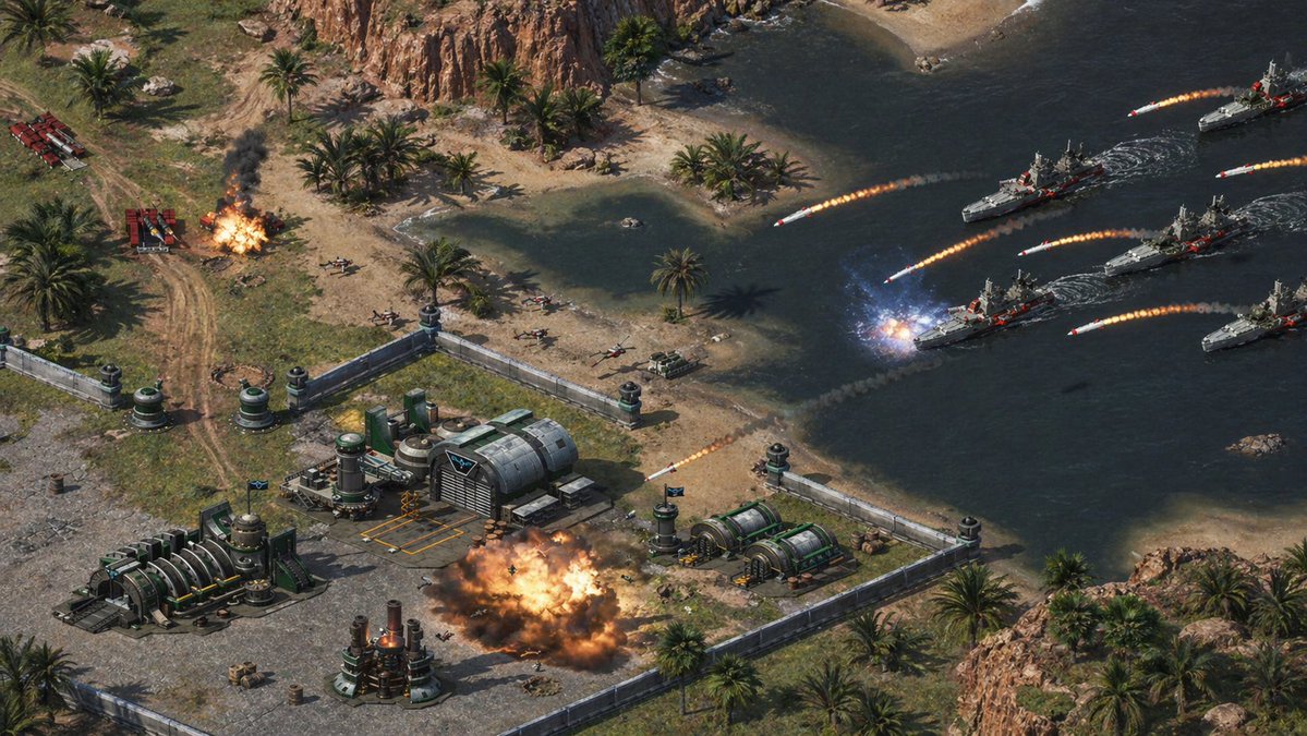 Isometric Coastal Base Under Naval Attack Qwen Image prompt example: This generates a detailed RTS-style isometric battle scene of a walled desert coast base being bombarded by...
