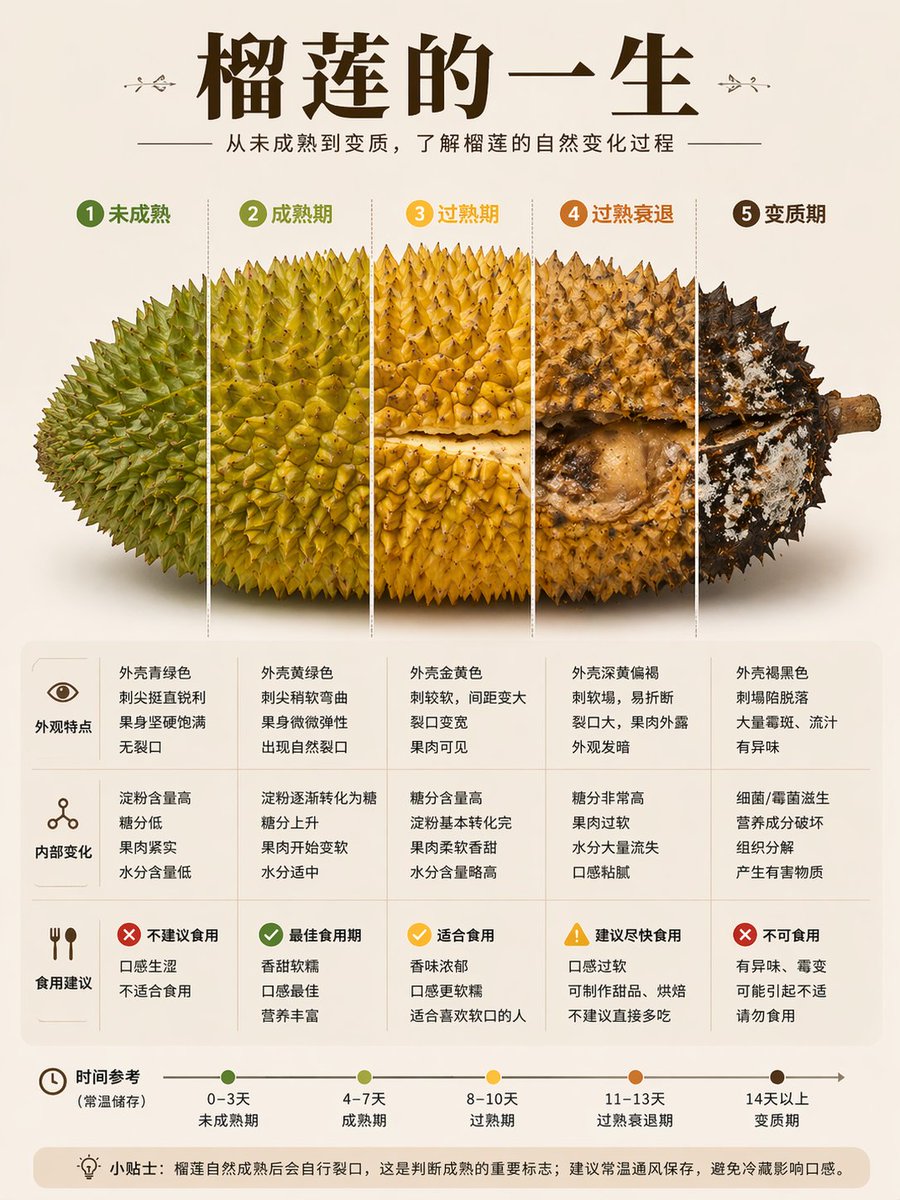 Durian Ripening Lifecycle Infographic Qwen Image 프롬프트 예시: A Chinese educational infographic poster showing five durian ripening stages with realistic fruit visuals, comparison...