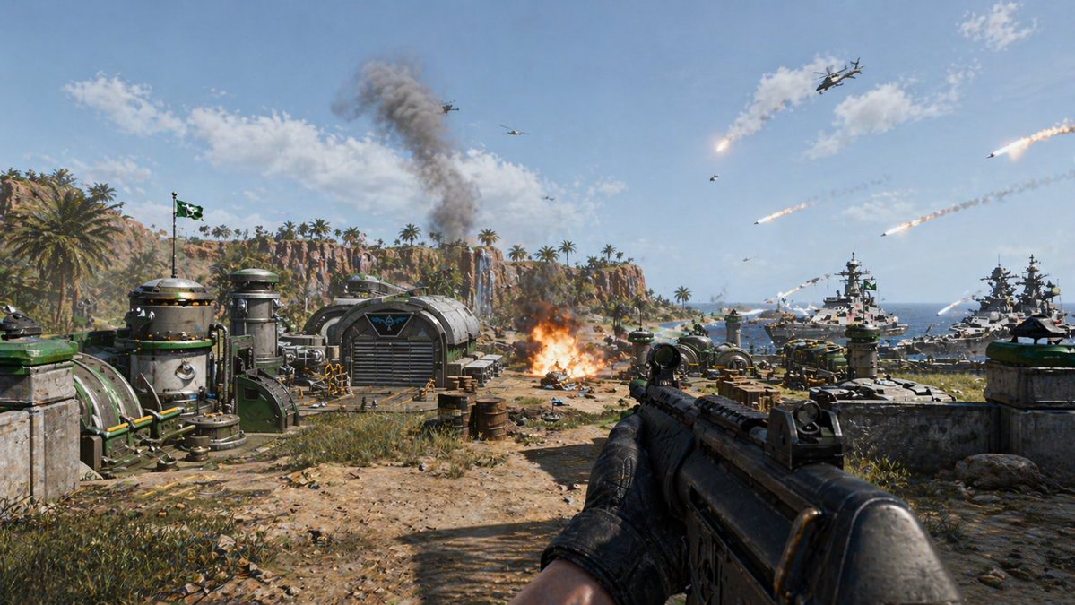 First-Person Tropical Island Warzone Qwen Image prompt example: This prompt generates a photorealistic first-person military battle scene on a tropical coastal base, ideal for...