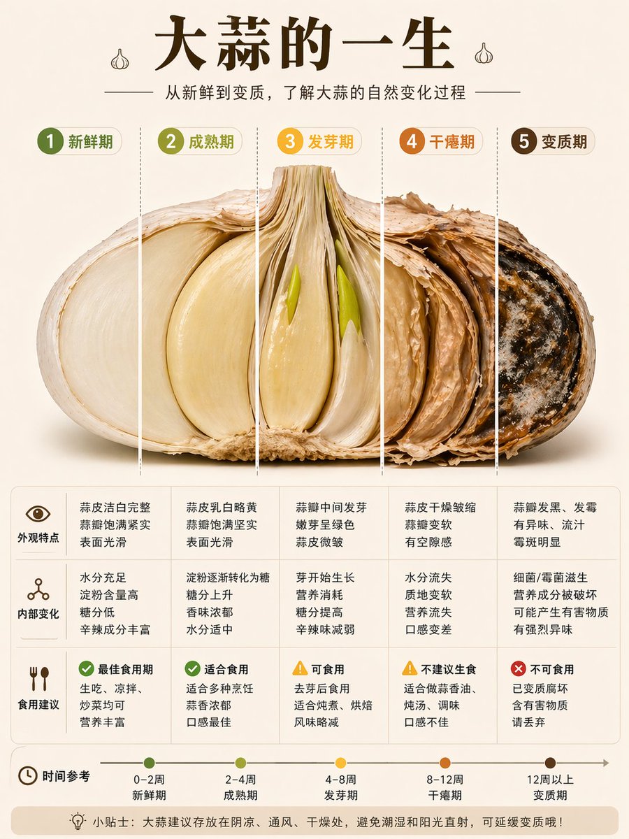 Garlic Life Cycle Infographic のQwen Imageプロンプト例: A Chinese educational infographic poster showing 5 stages of garlic aging with a segmented cutaway bulb, comparison table, and...