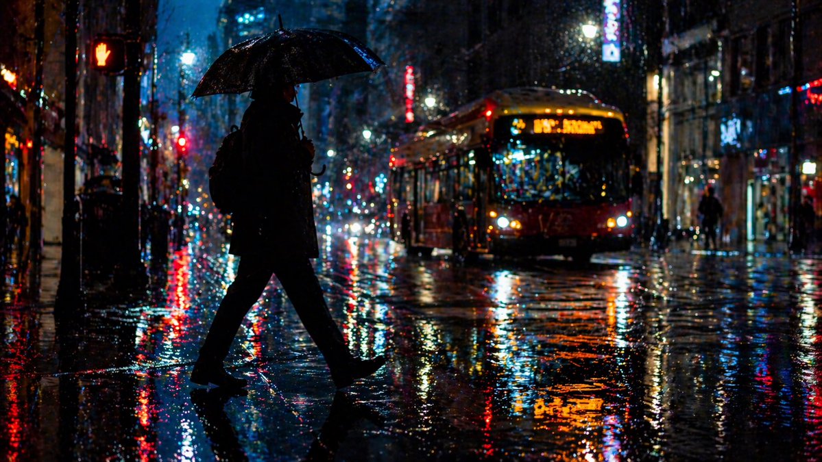 Rainy Night City Crossing Qwen Image 프롬프트 예시: A moody cinematic street photo of a lone pedestrian with an umbrella crossing a neon-lit rainy city road, ideal for urban atmosphere...