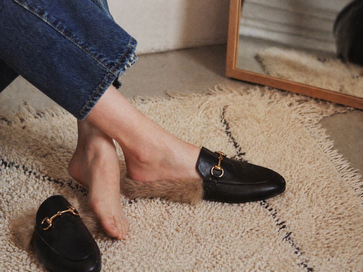 Luxury Fur-Lined Loafer Lifestyle Photo のQwen Imageプロンプト例: This prompt generates a cozy high-end fashion product shot of fur-lined black mule loafers being tried on in a warm...