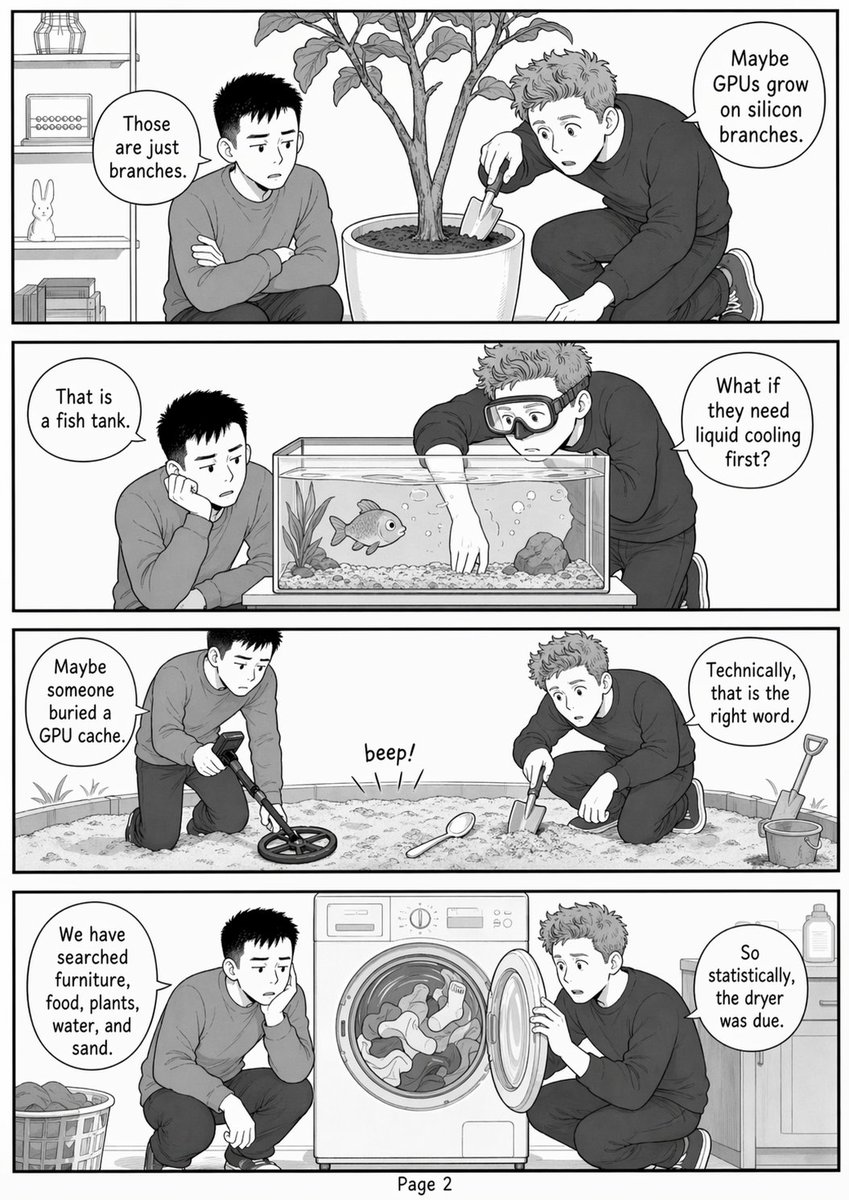 Funny GPU Search Comic Page のQwen Imageプロンプト例 バリエーション 2: A grayscale four-panel comic page showing two young men absurdly searching a home for GPUs, useful for comedic tech...