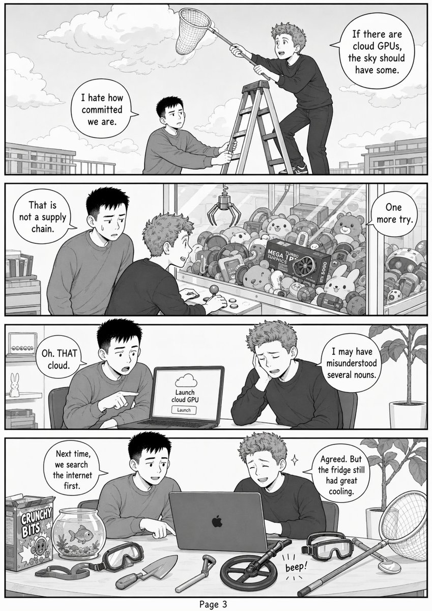 Funny GPU Search Comic Page のQwen Imageプロンプト例 バリエーション 3: A grayscale four-panel comic page showing two young men absurdly searching a home for GPUs, useful for comedic tech...