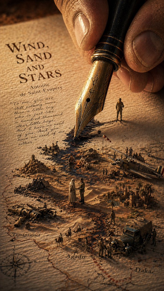 Surreal Wind, Sand and Stars Book World Qwen Image 프롬프트 예시: A richly detailed literary surrealist illustration of a book page turning into a miniature desert expedition map,...