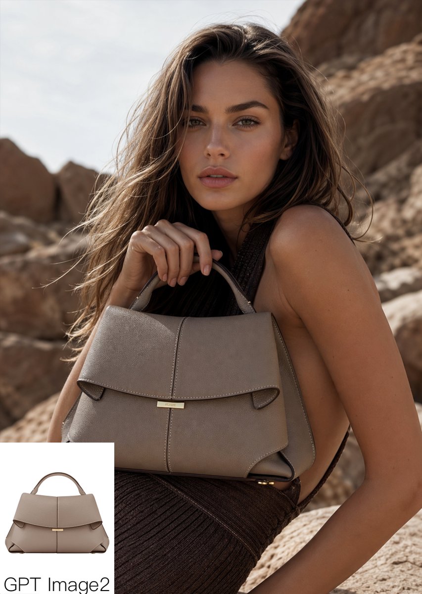 Luxury Desert Handbag Campaign Qwen Image 프롬프트 예시: This prompt generates a realistic high-end fashion advertisement image featuring a structured handbag in a desert editorial...