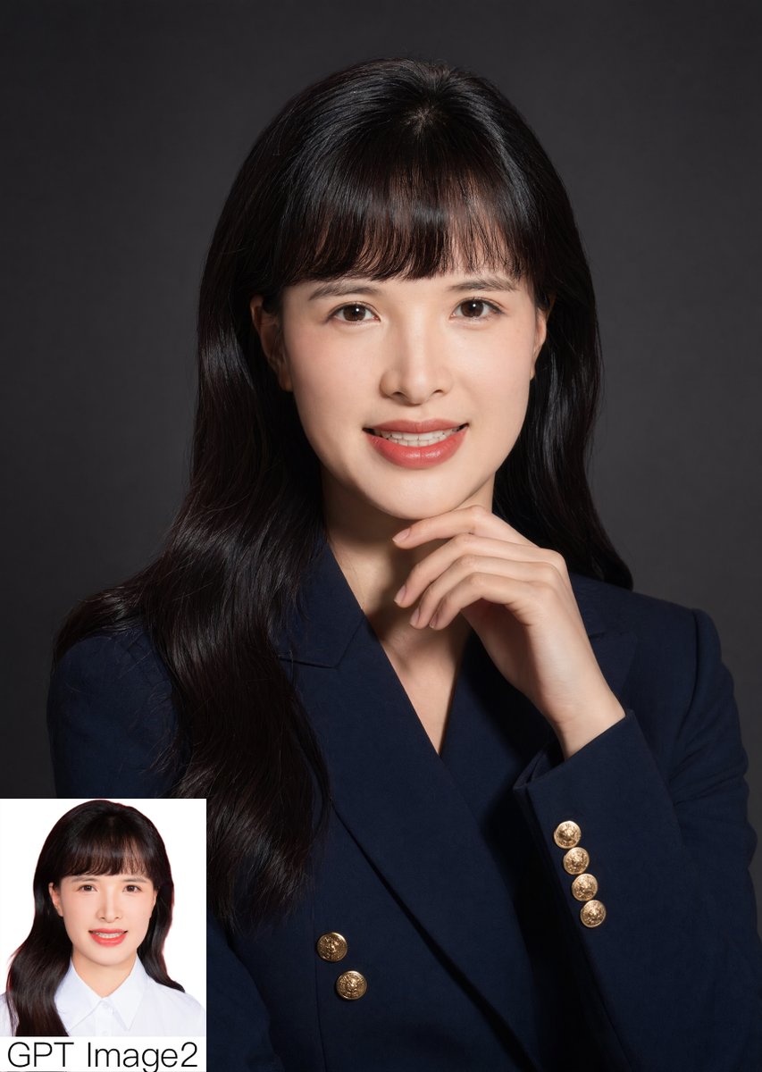 Studio Corporate Portrait with Inset のQwen Imageプロンプト例: This prompt generates a photorealistic professional studio headshot with a thoughtful pose and a small comparison inset,...