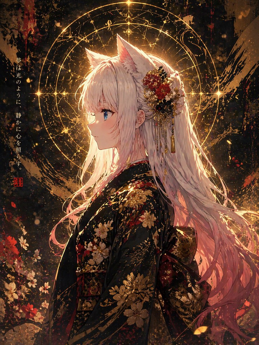 Fox Spirit Kimono Portrait Qwen Image 프롬프트 예시: This prompt generates a luminous anime-style fox-eared woman in an ornate kimono with a celestial golden halo, ideal for fantasy...