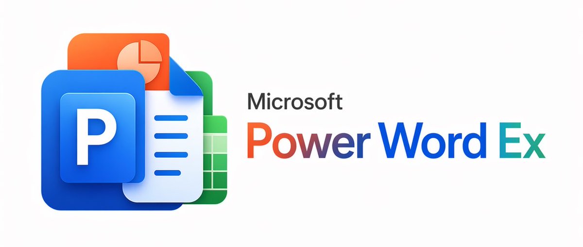 Microsoft PowerWordEx Logo Mockup 的 Qwen Image 提示词示例图:A polished hybrid Microsoft Office-style branding image combining four app icons with a custom product wordmark, suitable...