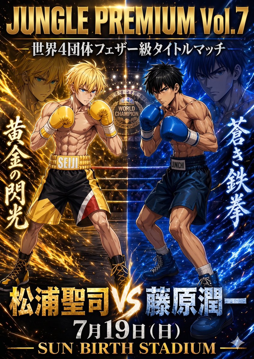 Anime Boxing Title Match Poster GPT Image 2 prompt example: A high-impact anime-style championship boxing poster for promoting a fictional premium fight event with two named...