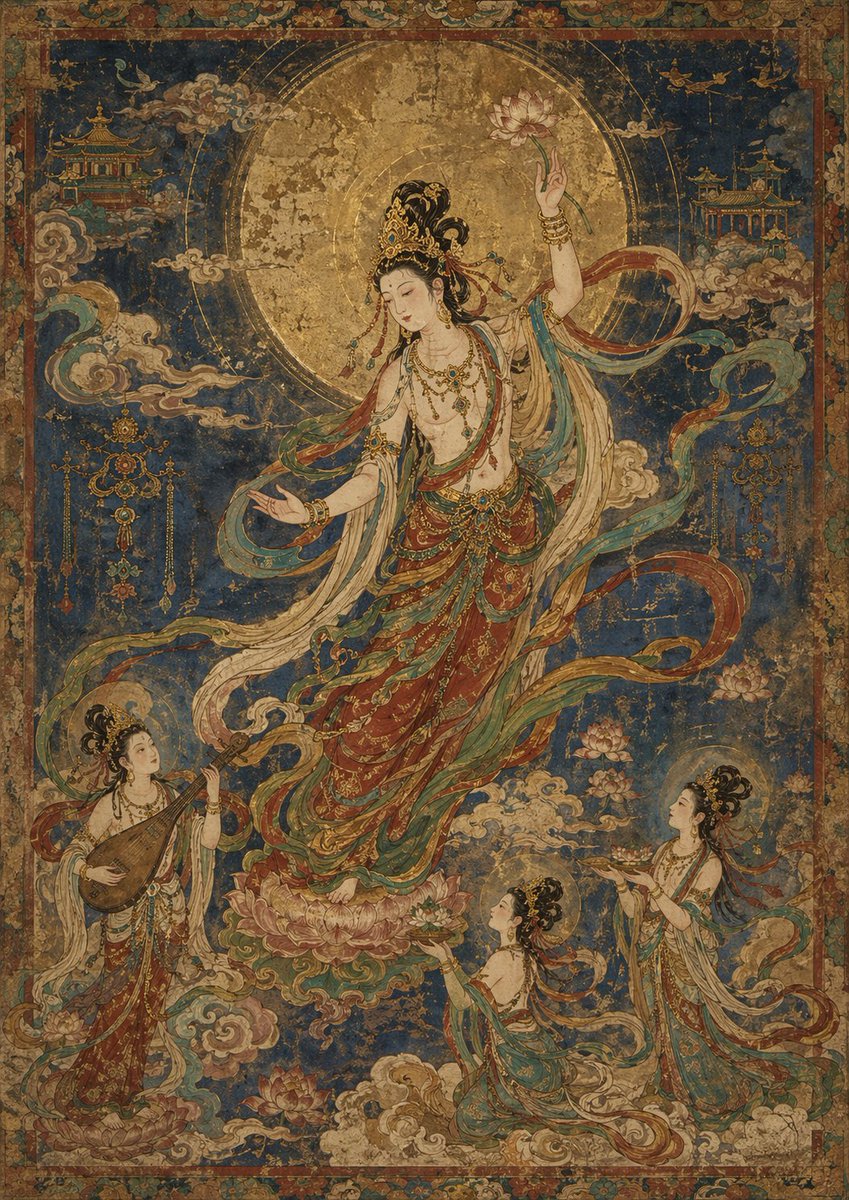 Antique Celestial Goddess Mural 的 GPT Image 2 提示词示例图：This prompt generates a weathered blue-and-gold East Asian devotional mural featuring a central lotus-bearing celestial...