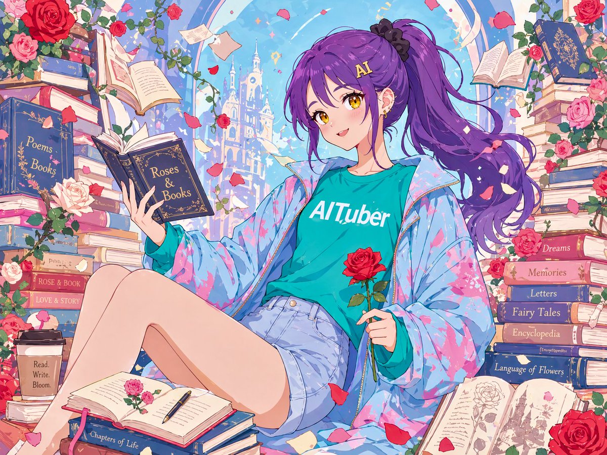 Anime Roses and Books End Card GPT Image 2 prompt example: A polished anime-style commemorative illustration of a girl surrounded by roses and books, ideal for festive key...
