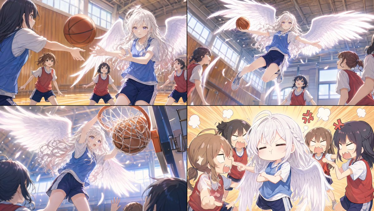 Angel Girl Basketball Storyboard 的 GPT Image 2 提示词示例图:A four-panel anime storyboard of a winged schoolgirl dominating a basketball game, useful for concept art, scene planning,...