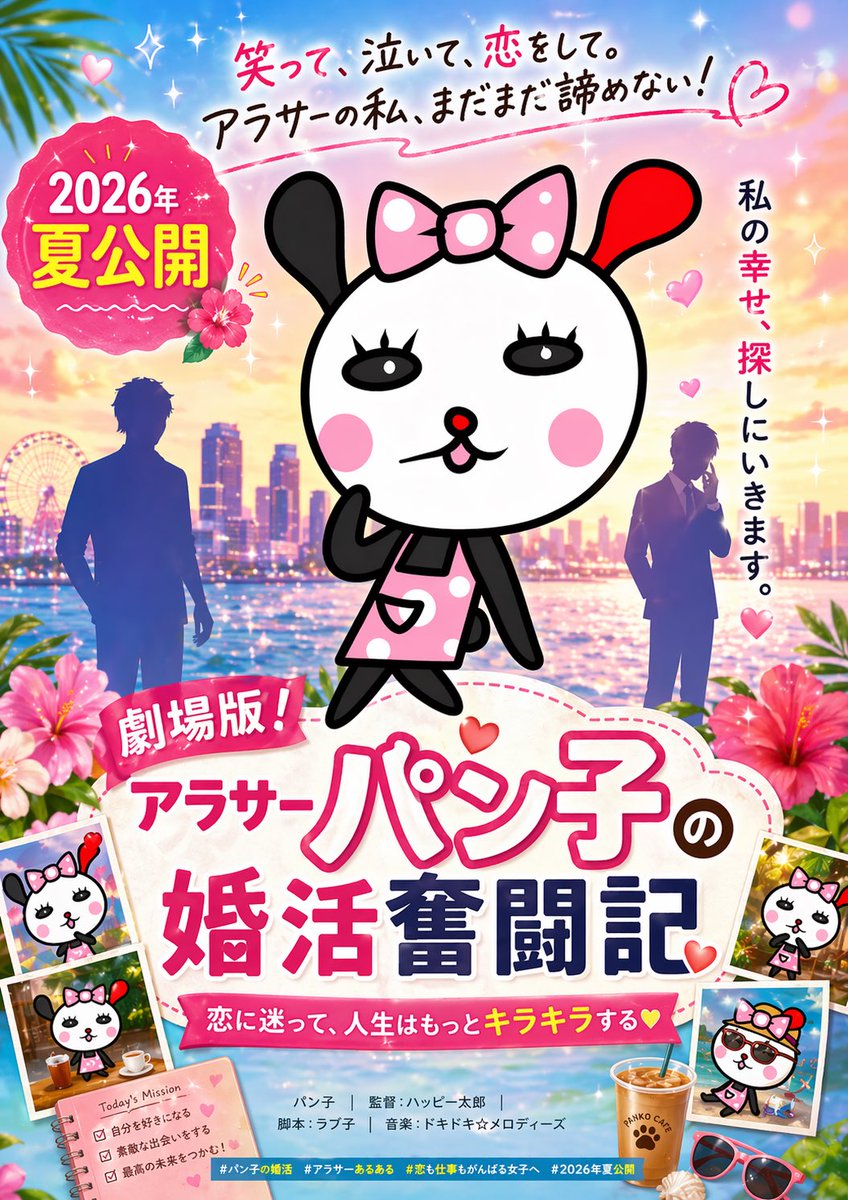Cute Japanese Romcom Movie Poster のQwen Imageプロンプト例: A sparkly Japanese-style theatrical poster for a mascot heroine romantic comedy, ideal for parody film promos, character...